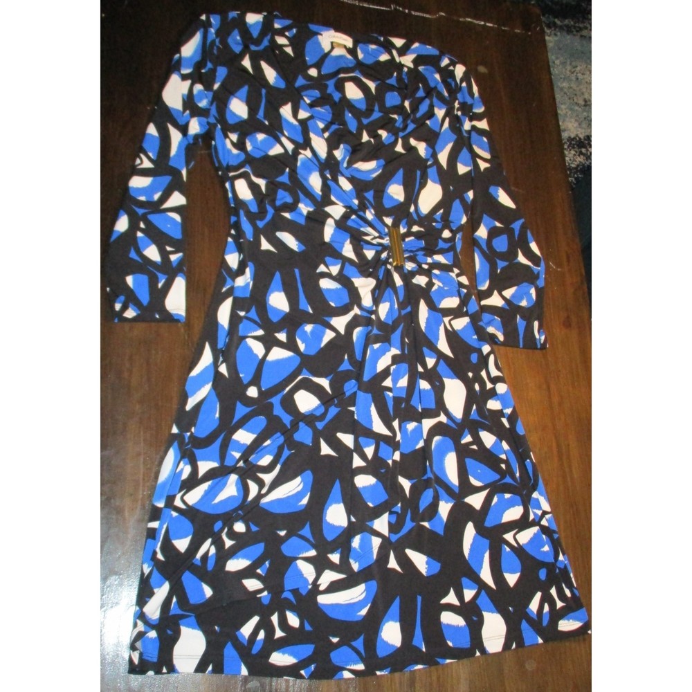 Calvin Klein Dress Blue Black White LS Size 10 Polyester Spandex